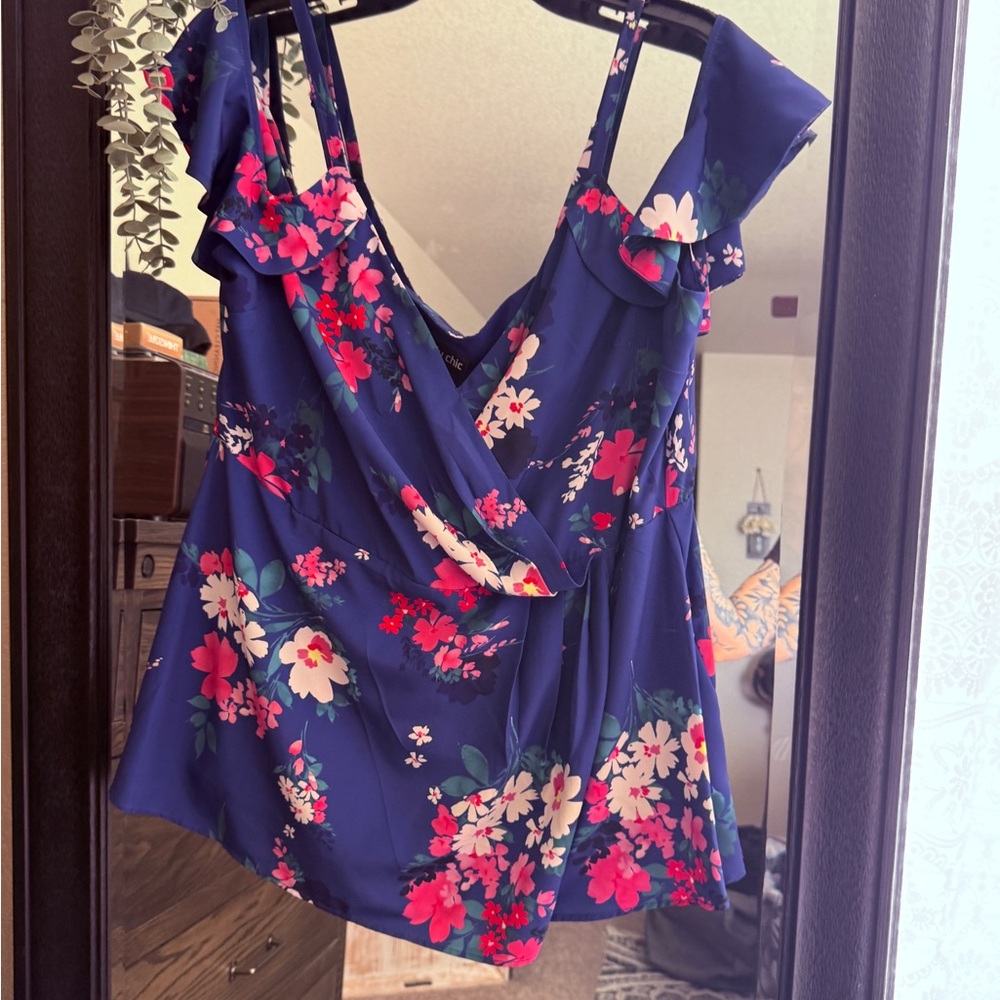 City Chic Blue Floral Ruffle Blouse